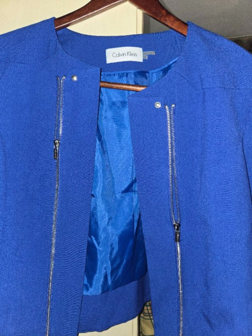 Calvin Klein Royal Blue Zip Front Collarless Blazer Jacket Moto Evening Coat 14